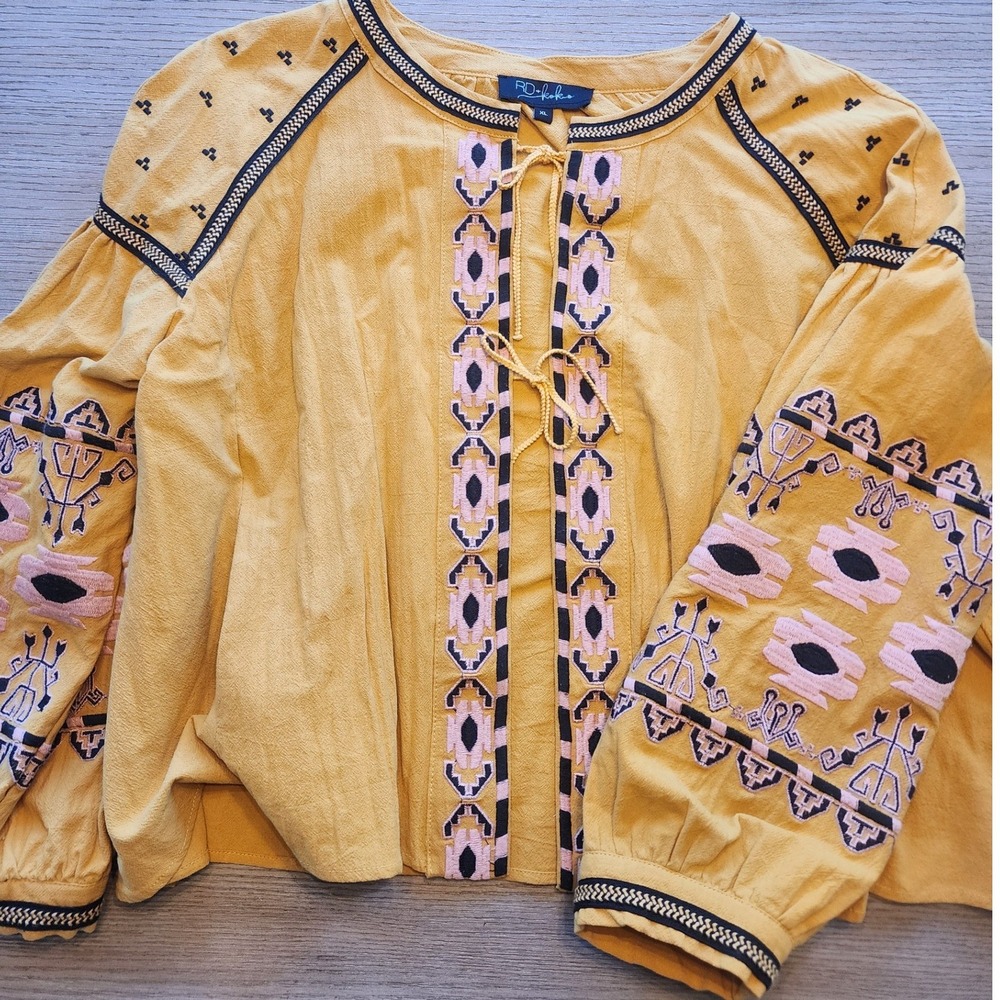 RD & Koko Embroidered Boho Tie-Front Top Mustard Balloon Sleeve indiesleaze